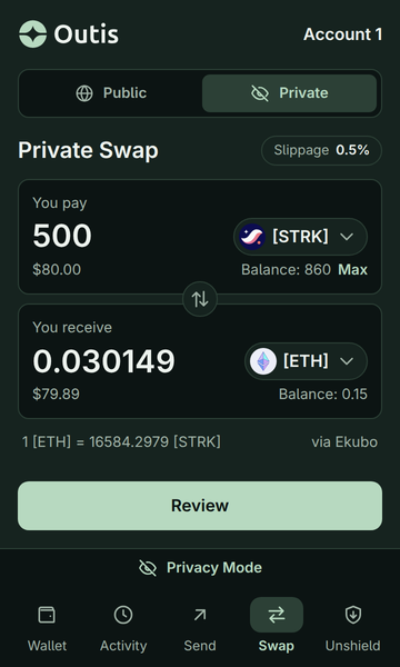 The Private tab’s Private Swap: 500 shielded STRK for 0.030149 shielded ETH, via Ekubo.