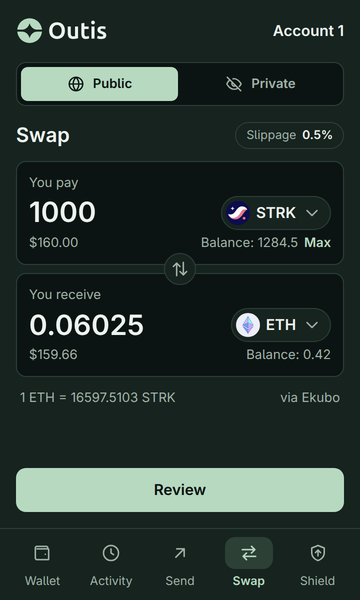 The Public tab’s Swap: 1000 STRK for 0.06025 ETH, via Ekubo.